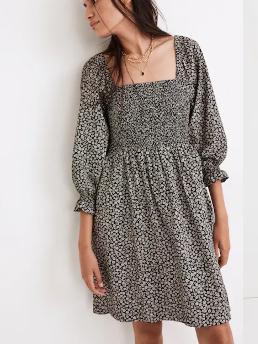 Madewell Lucie Elbow-Sleeve Smocked Mini Dress in Parisian Ditsy 40046